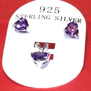 Sterling Silver Amethyst CZ Heart Earrings Pendant